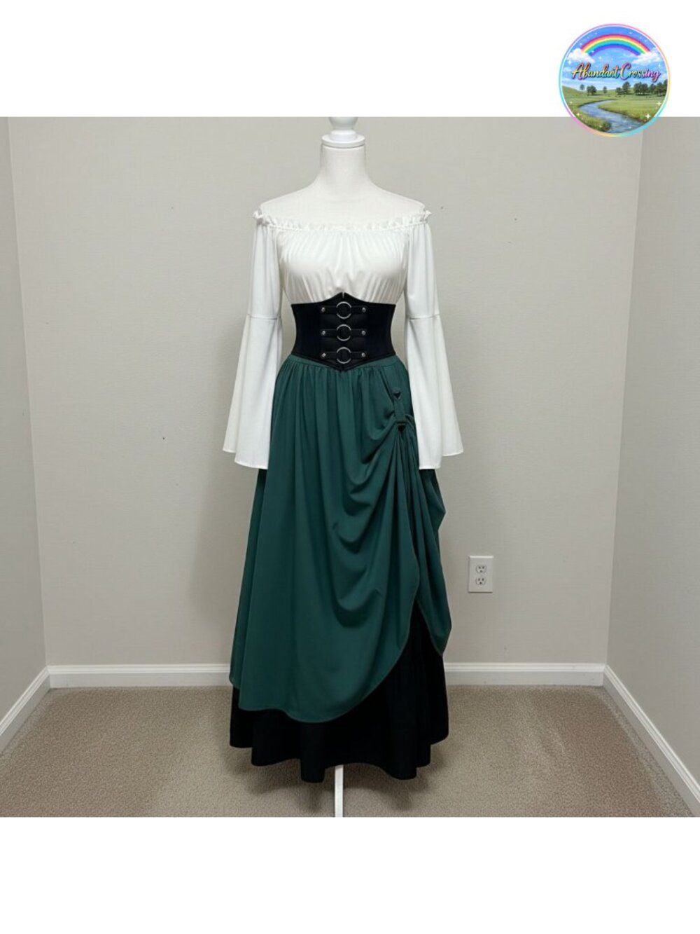 Renaissance Costume Set with Corset Chiffon Blouse & Pleated Maxi Skirt